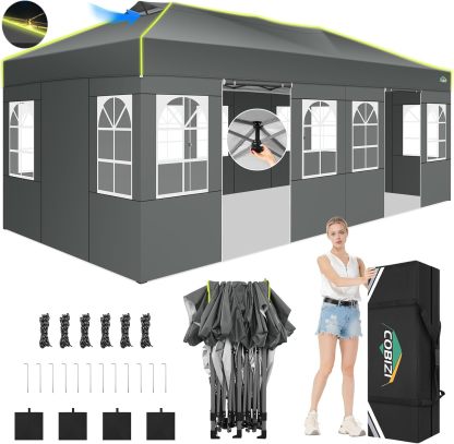 COBIZI - Tienda de campaña desplegable de 10 x 20 Pulgadas, Tienda de campaña instantánea Comercial para Bodas, Fiestas con 3 Altura Ajustable, toldo Ez Up para Exteriores, Impermeable, UPF50+ con