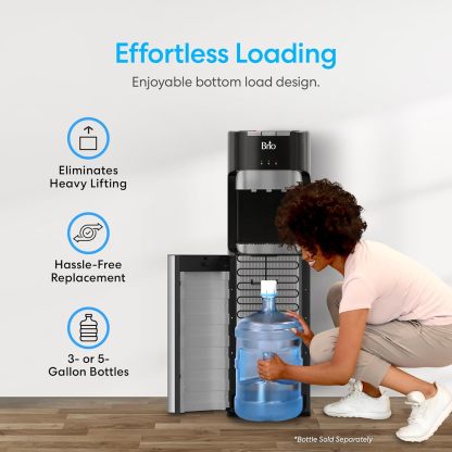 Brio Dispensador de enfriador de agua de carga inferior para botellas de 5 galones, 3 temperaturas con boquillas calientes, habitación y frías, bloqueo de seguridad infantil, visualización LED con alerta de botella vacía, acero inoxidable