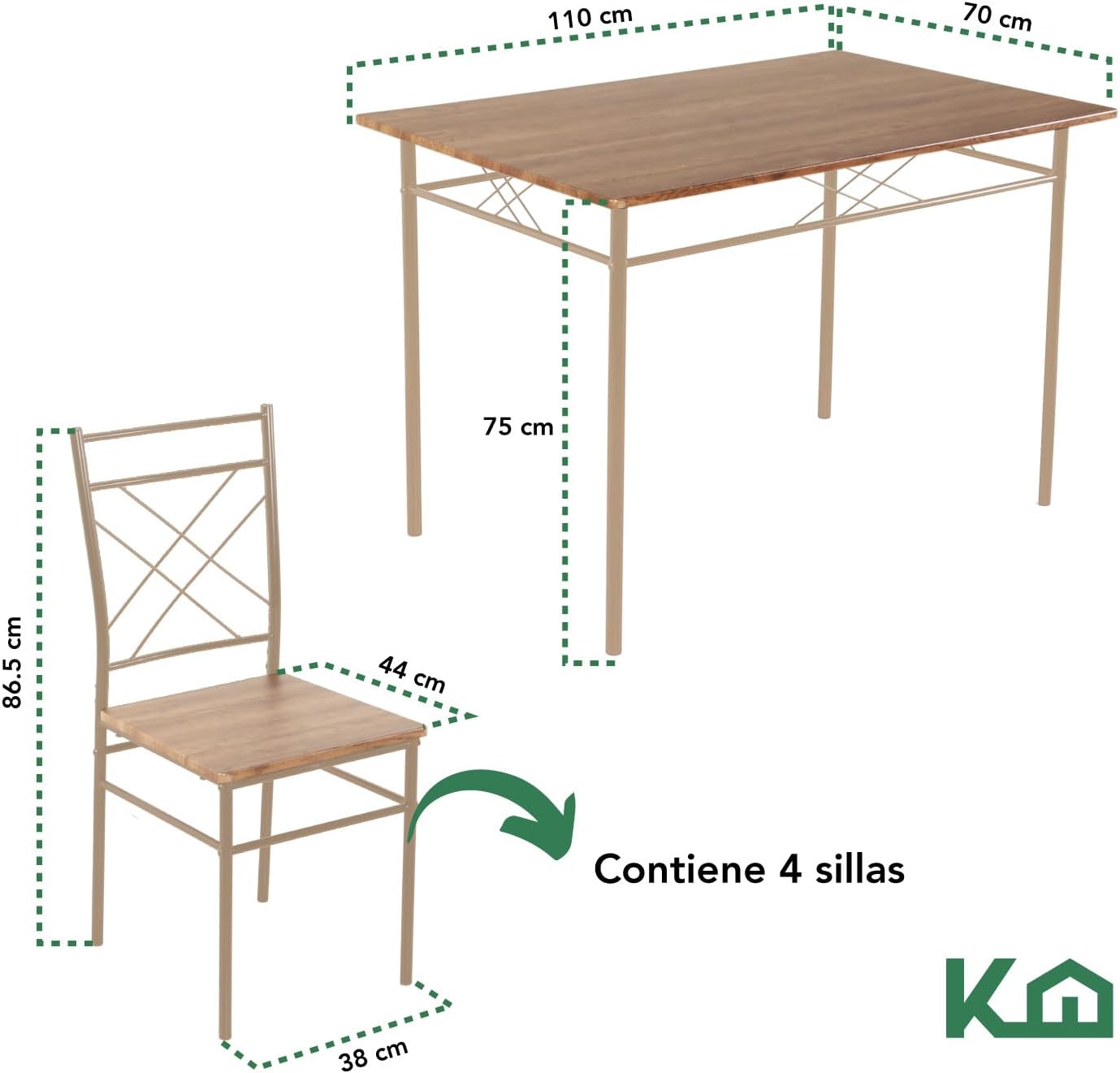 Kingshouse | Mesa de Comedor con 4 Sillas – Mesa de Madera MDF para 4 Personas – Estructura metálica – Moderna Minimalista – Juego de Mesa + 4 Sillas – Muebles para Cocina Restaurante y Cafeterías