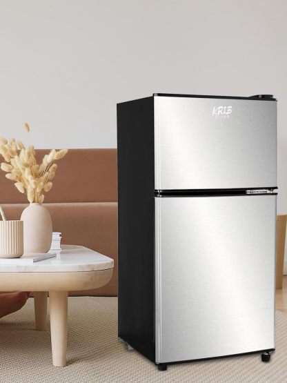 Mini nevera de 3.5 pies cúbicos, refrigerador pequeño, termostato ajustable de 7 niveles, estantes extraíbles con acero inoxidable, 2 puertas para oficina, recámara, departamento, plata,