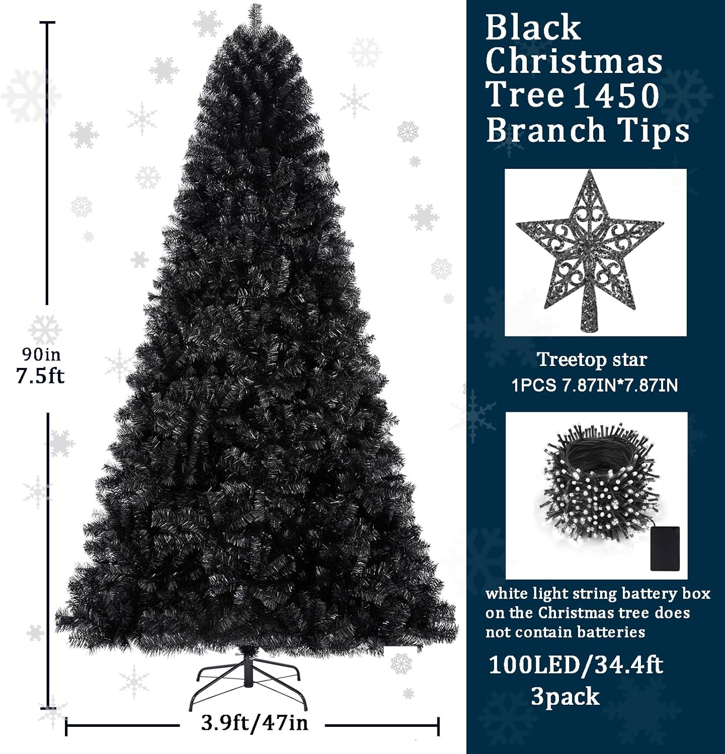 KTKDE Árbol de Navidad artificial de abeto de 7 pies, árbol de Navidad verde realista con 1.450 puntas de árbol, 300 postes de luz LED alimentados por pilas, pentáculo dorado de 7.8 pulgadas, perfecto