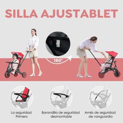 Triciclo de bebé 4 en 1, Bici polivalente, cochecito de dirección plegable, bicicleta de aprendizaje con barandilla desmontable, con toldo ajustable, arnés de seguridad, pedales plegable, freno, asa de empuje para padres, diseño de absorción de impactos,