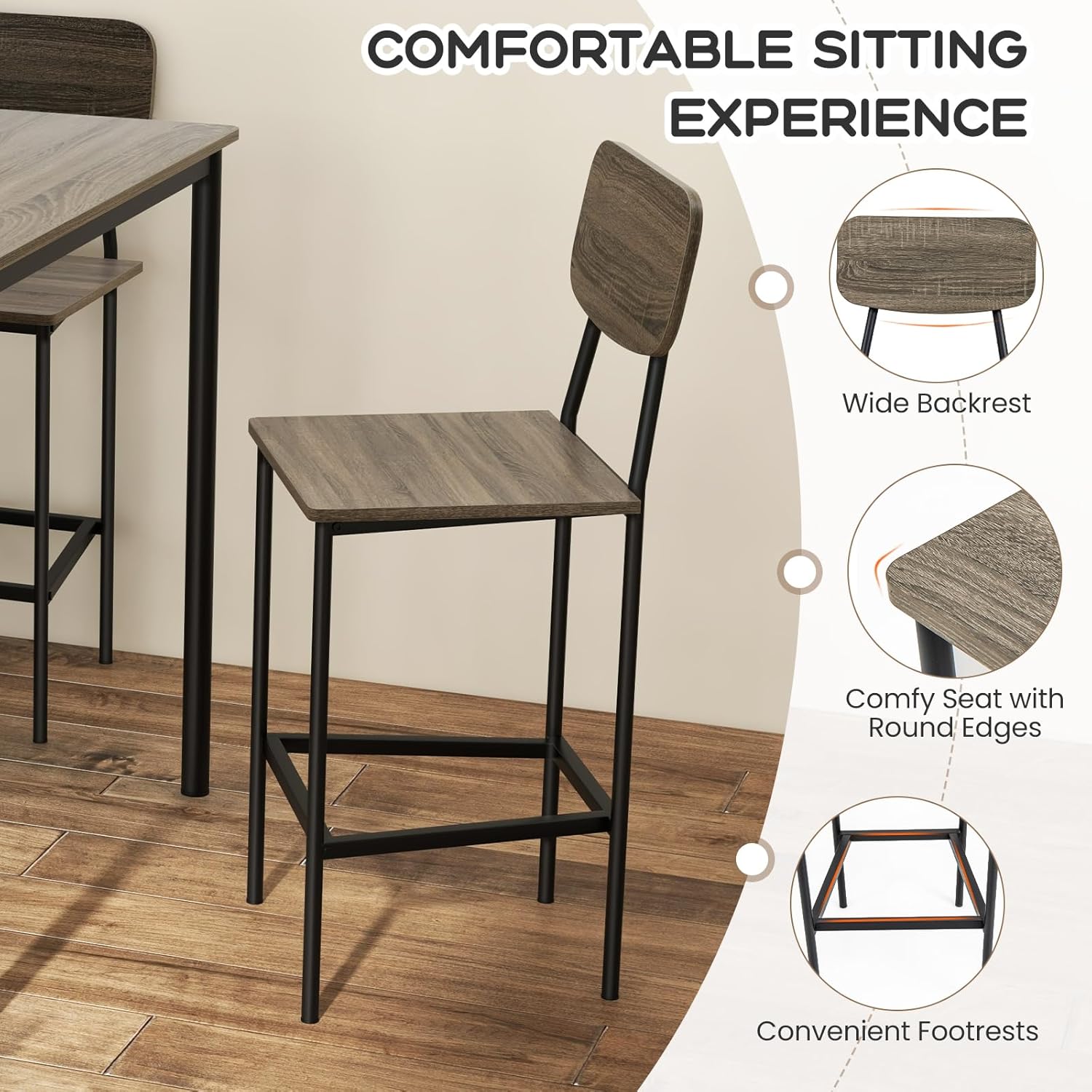 Juego de mesa de comedor de 5 piezas con mesa de altura y 4 taburetes de bar, juego de comedor industrial de cocina con reposapiés y respaldo, juego de comedor que ahorra espacio para pub,