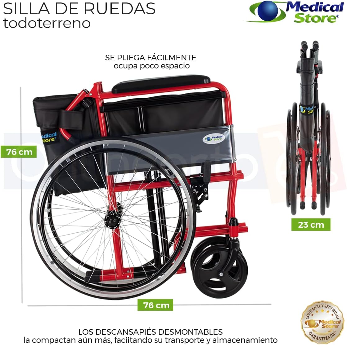MEDICAL STORE Silla de Ruedas, Modelo 809F, Acero Resistente, Descansapies Desmontables, Descansabrazos Fijos Rectos, Asiento y Respaldo de Vinil Alta Resistencia. (ROJO)