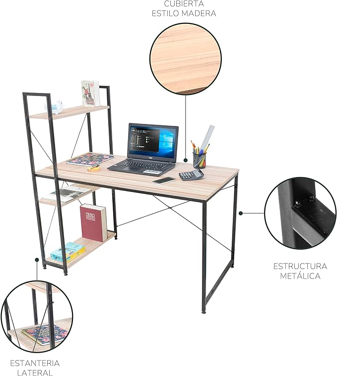 Escritorio para Computadora, Diseño Minimalista Moderno, Ideal para Oficina, Home Office, Estructura Resistente de Metal, con Repisas, Color Café