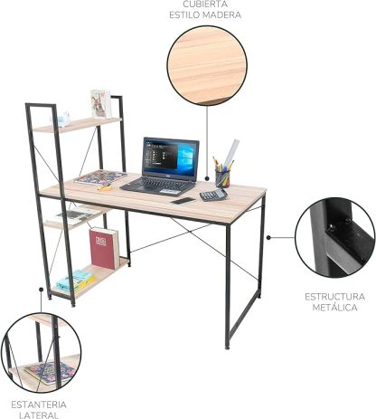 Escritorio para Computadora, Diseño Minimalista Moderno, Ideal para Oficina, Home Office, Estructura Resistente de Metal, con Repisas, Color Café