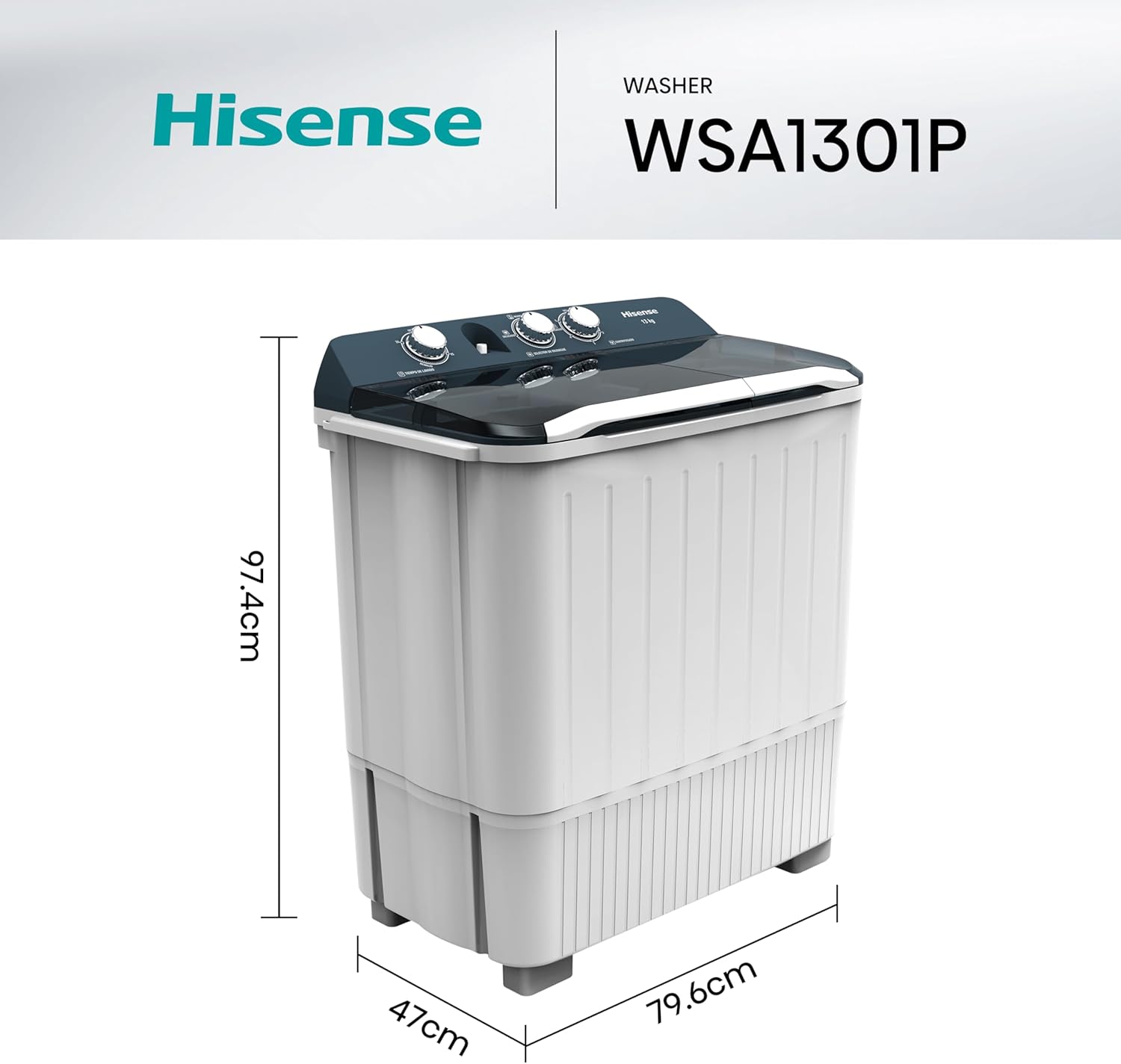 Hisense WSA1102PCN Lavadora Semiautomätica Doble Tina 11 Kg, Blanco/Gris