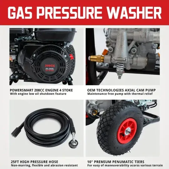 Hidrolavadora a Gas PowerSmart, 3200 PSI 2.5 GPM Bomba de leva axial, Tanque de jabón a bordo de 208 cc, 5 boquillas QC Manguera de 25 pies, Pistola pulverizadora y varilla para limpiar autos/casas