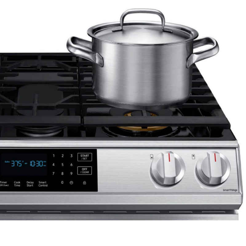 Samsung - 6,0 pies cúbicos. Estufa de convección a gas deslizable con control frontal, Air Fry y Wi-Fi, resistente a huellas dactilares, acero inoxidable