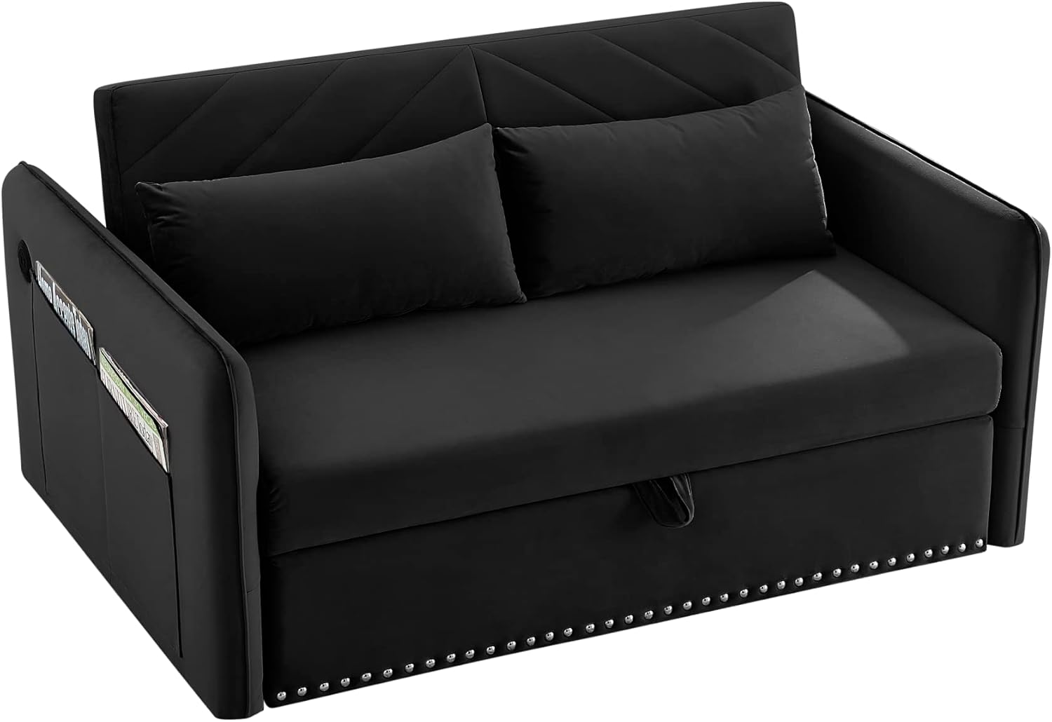 Miscoos - Sofá Cama de Terciopelo con Puerto USB 3 en 1 Ajustable, tirón, 2 Almohadas Lumbar, Bolsillo Lateral, Adecuado para Sala de Estar, recámara, Color Negro
