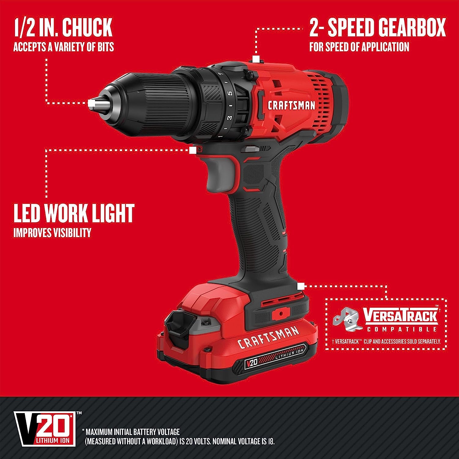 CRAFTSMAN Kit de Herramientas 20V Inalambricas con Taladro Atornillador y Atornilladro de Impacto con 2 Baterías CMCK200C2