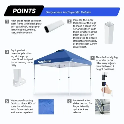 Carpa con toldo Nazhura, 3 x 3 m, plegable, con bolsa de arena, color azul