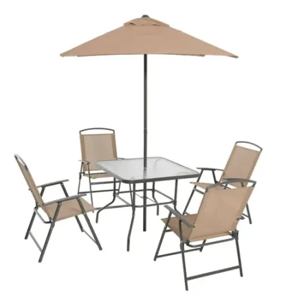 Mesa/sillas De Jardin, Vidrio Templado Con Sombrilla, Beige