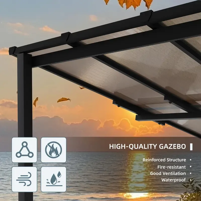 Sonegra Gazebo pérgola de pared resistente de 10'x14', toldo exterior de aluminio negro con paneles transparentes para patio, terraza y patio trasero