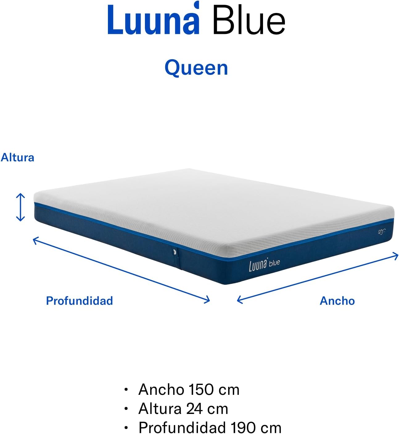 Luuna Blue Colchón Queen Size, Colchón Memory Foam, 24cm de Altura, Firmeza Media, Colchones en Caja, 3 Capas de Espuma de Alta Densidad, Colchón Fresco