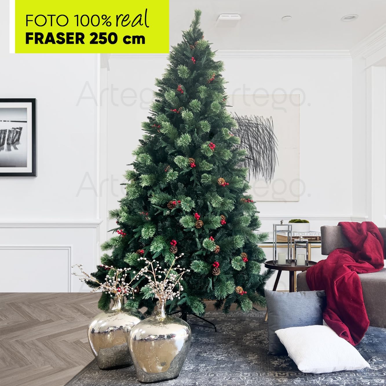BECKON Árbol de Navidad Premium 2.20m Fraser Fir Artego (3 Materiales) Frondoso (1676 Ramas) Pino Artificial Navideño Artego + Maleta/Christmas Tree Decoración navideña (Fraser 220cm)
