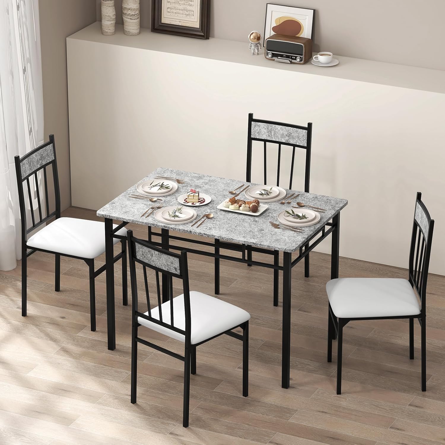 Tangkula - Juego de Mesa de Comedor FR 4, Mesa de Cocina y sillas con Marco de Metal y Asiento Acolchado, Juego de 4 mesas de Comedor y sillas para Comedor, Ahorro de Espacio