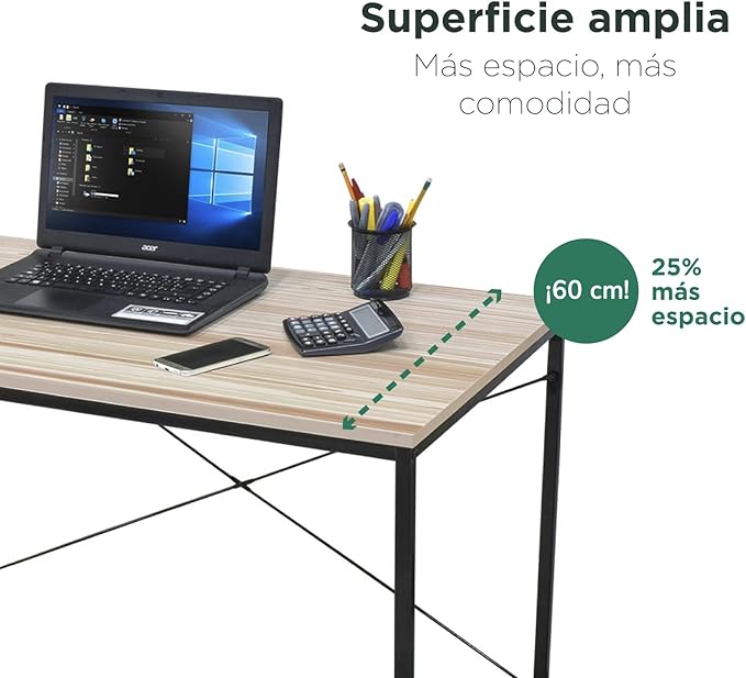 Escritorio para Computadora, Diseño Minimalista Moderno, Ideal para Oficina, Home Office, Estructura Resistente de Metal, con Repisas, Color Café