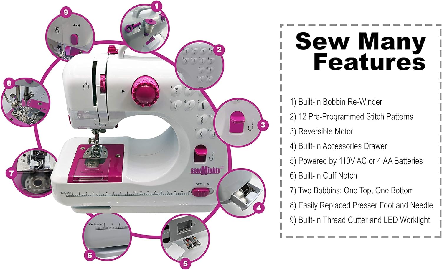 Sew Mighty Mini máquina de coser portátil y kit de costura – 12 patrones de costura preprogramados – Funciona con pilas y CA, doble velocidad, cose hacia adelante y hacia atrás, alimentación de CA y CC – Incluye pedal de pie
