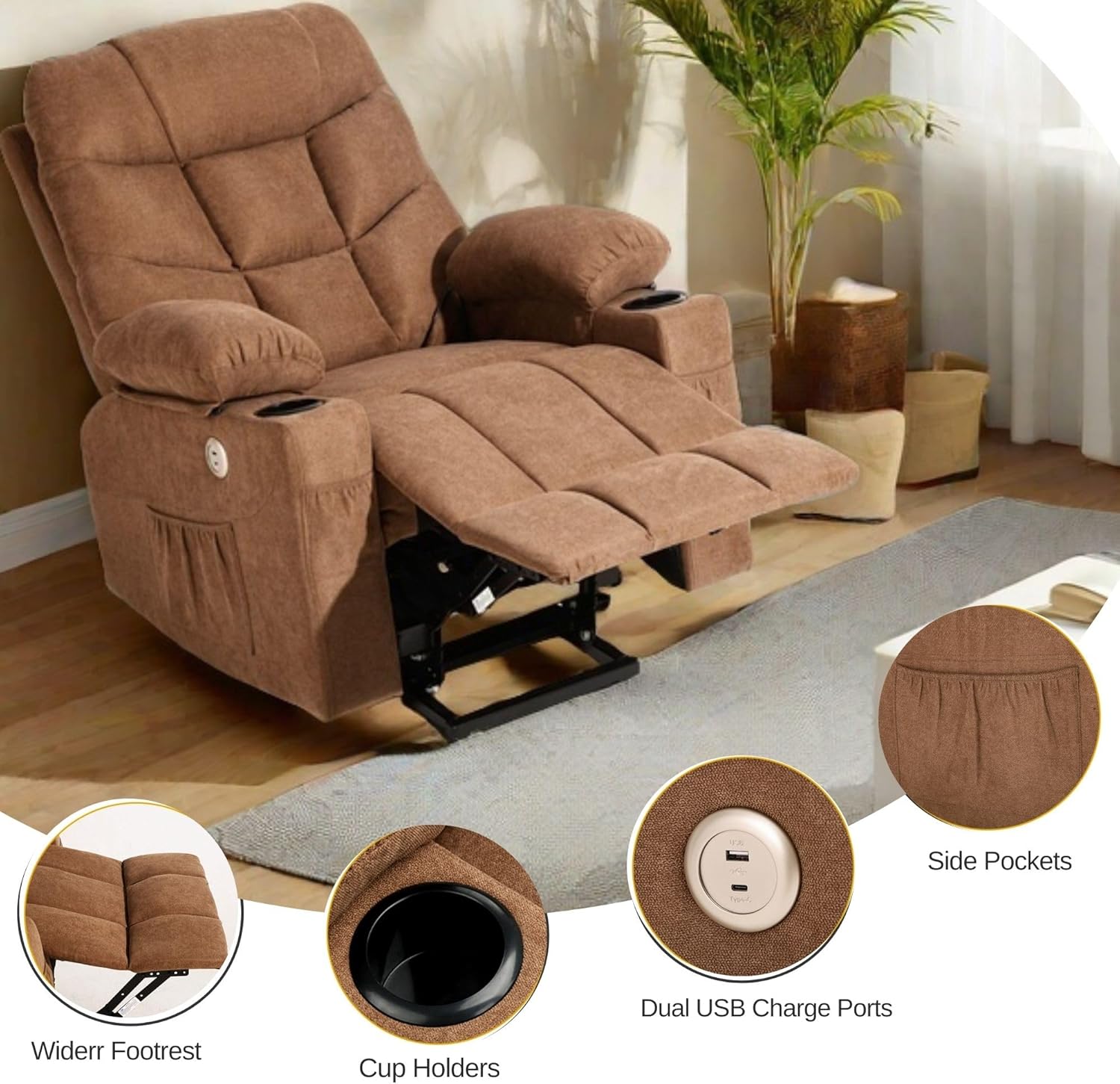 YITAHOME Silla reclinable con elevación eléctrica para Ancianos, Silla reclinable de Tela con Masaje y Calor, Asiento Espacioso, Puertos USB, portavasos, Bolsillos Laterales, Control Remoto (café)