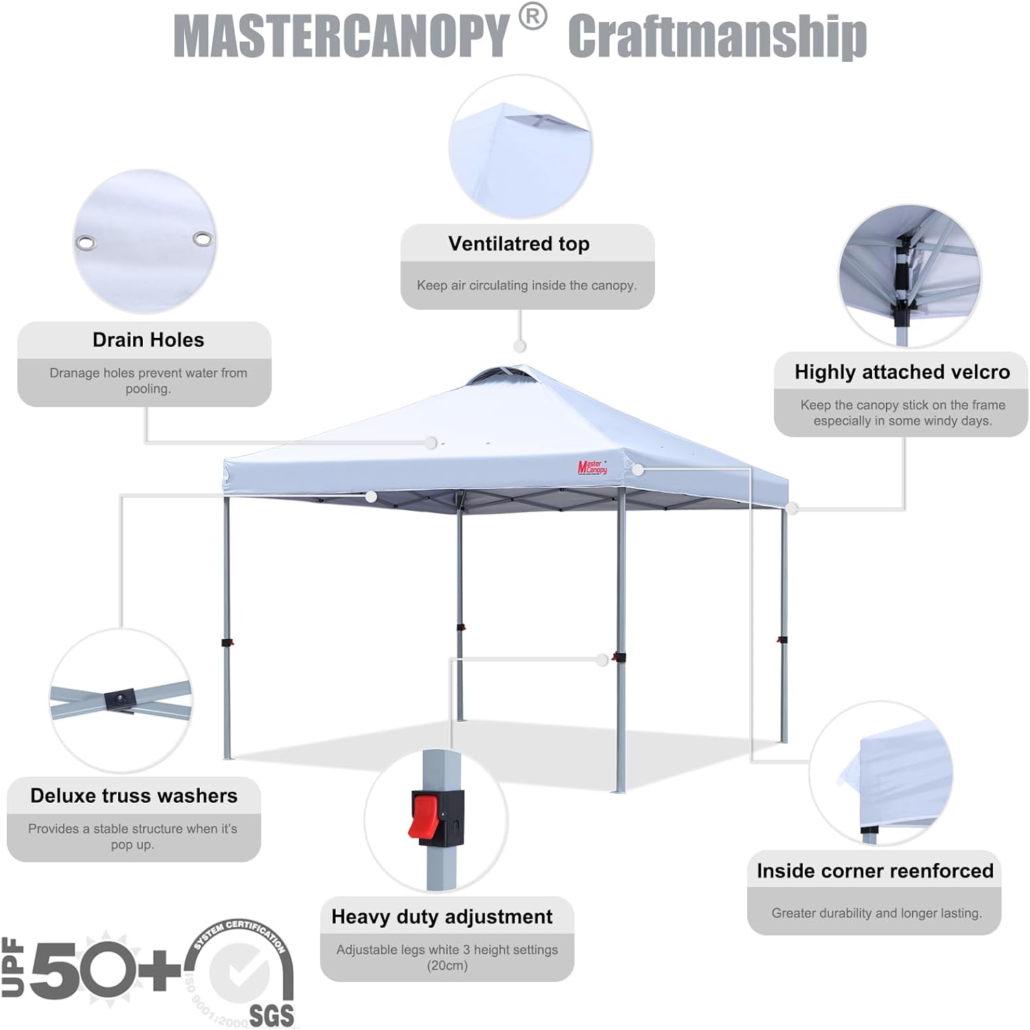 MASTERCANOPY - Tienda de campaña Comercial instantánea con Bolsa con Ruedas, 4 Sacos de Arena para toldo, 4 estacas (Blanco)