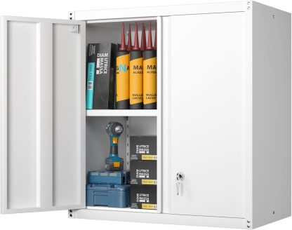 GREATMEET - clóset de almacenamiento de pared de metal con cerradura,armarios de almacenamiento de metal blanco con 1 estante ajustable y 2 puertas,gabinete de acero,desmontar H27.95 White