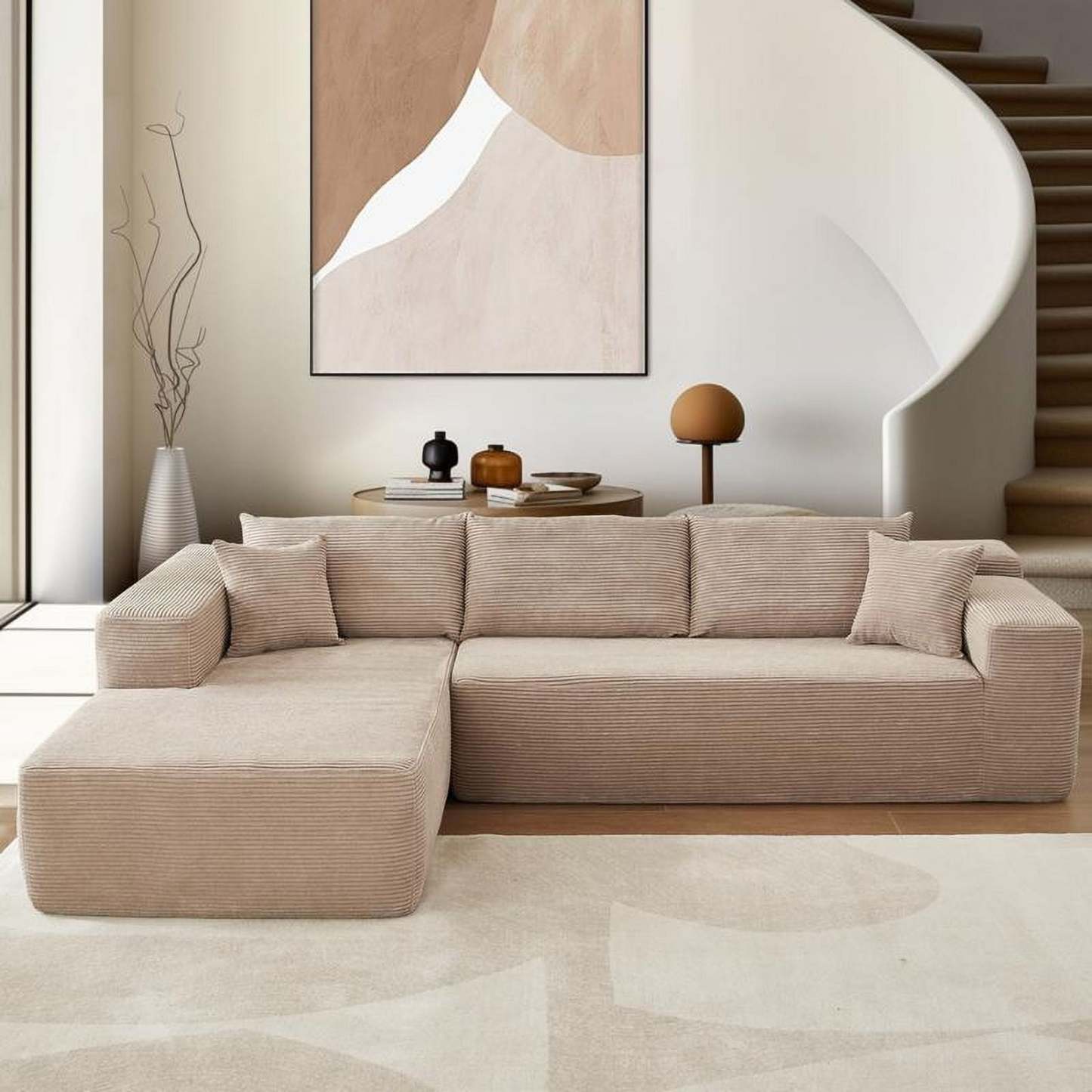 【2 Packages Shipping】Ovios 104" Plush Corduroy Cloud Velvet Modular Couch with Chaise, No Assembly Required - L-Shaped Sectional Sofa Set with Flexible Configuration - 104"W x 67.7"D x 30"H, 3 Seater