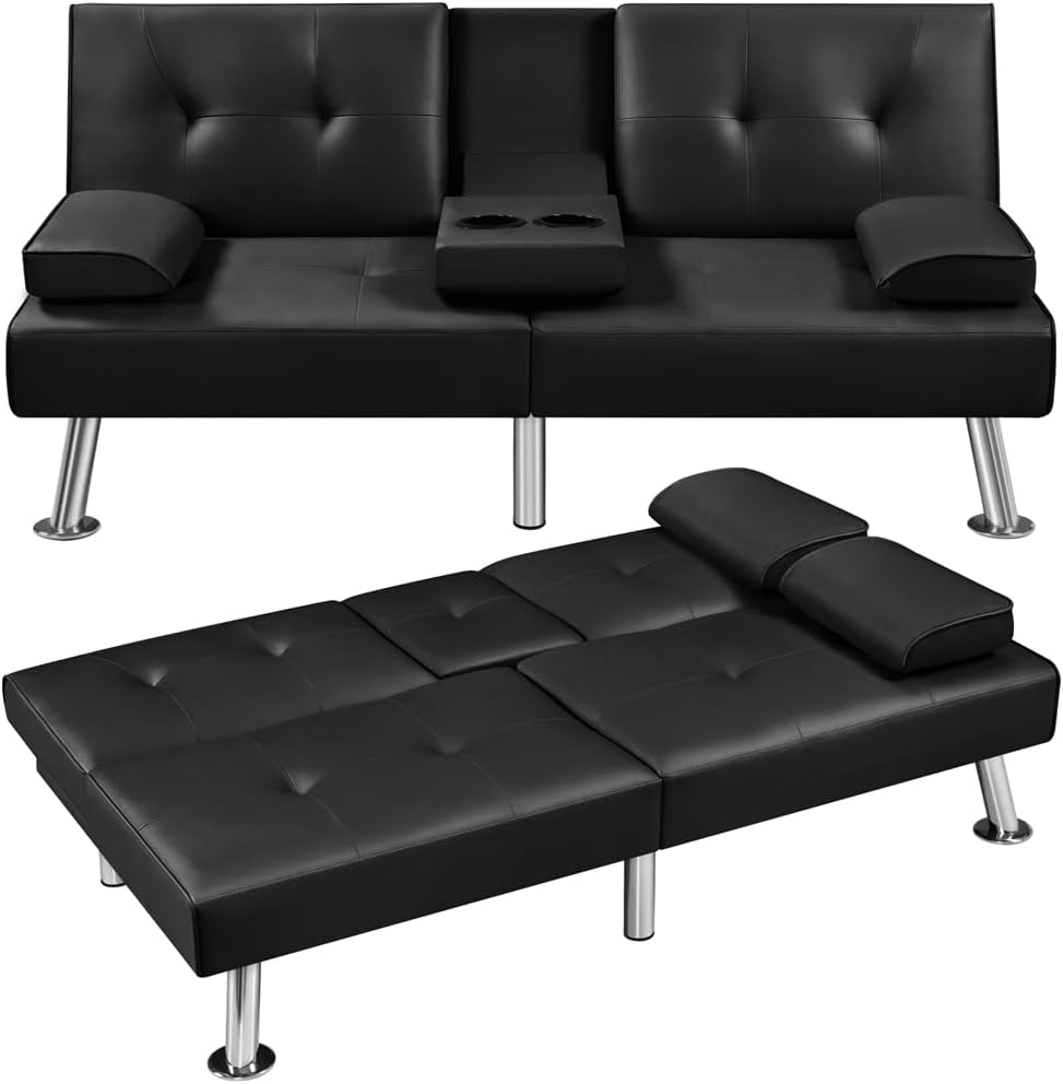 Yaheetech - Sofá Cama Convertible Ajustable, Moderno sillón reclinable de Piel sintética Reversible, sofá Cama Plegable, reposabrazos extraíbles, portavasos, 3 ángulos, Capacidad de 700 Libras, Color