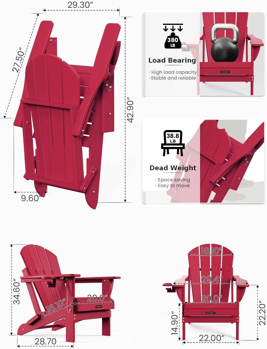 MUCHENGHY Sillas plegables Adirondack, sillas de patio, sillas para hogueras, sillas de exterior, sillas Adirondack de plástico, sillas de césped resistentes a la intemperie con portavasos para terraza, patio trasero, jardín (negro)