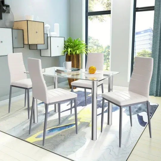 Conjunto de comedor de 5 piezas, mesa y 4 sillas, muebles de cocina y desayuno de vidrio y metal.