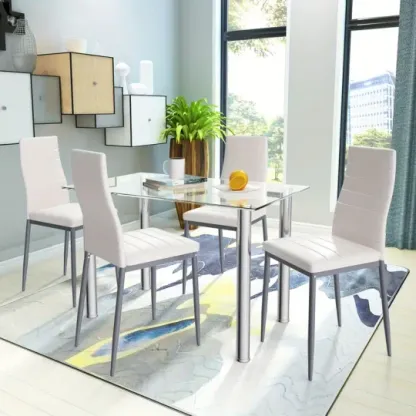 Conjunto de comedor de 5 piezas, mesa y 4 sillas, muebles de cocina y desayuno de vidrio y metal.