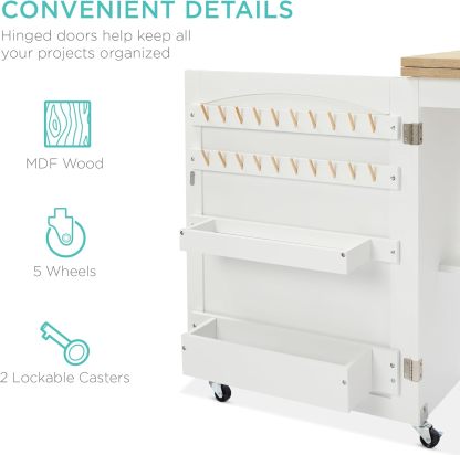 Best Choice Products - Mesa de coser plegable multiusos, estación de manualidades, diseño compacto, ruedas, estantes, almacenamiento, clavijas, puertas magnéticas, pomos de puerta de metal, blanca