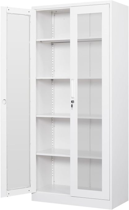 PEUKC - Vitrina con puertas de vidrio, vitrinas con 4 estantes ajustables y cerradura para el hogar, la oficina, la clínica, la despensa, requiere ensamblaje, negro, color madera