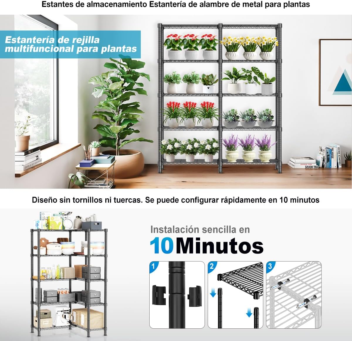 MXLENOBLE Estante de 5 repisas, Estantería de Almacenamiento Ajustable de estantes, Resistente en Ruedas de 4 Pulgadas, Estante Organizador de Metal, Cromado (IC085-B)