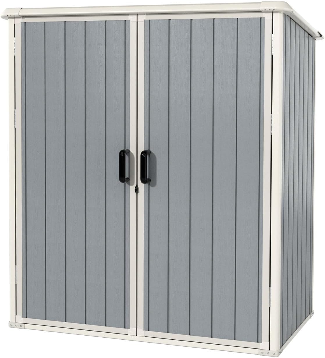 Aoxun - Cobertizo de almacenamiento para exteriores de 5 x 3 pies, cobertizo de resina con piso y puerta con cerradura, cobertizos de plástico para bote de basura, herramienta, accesorios, césped
