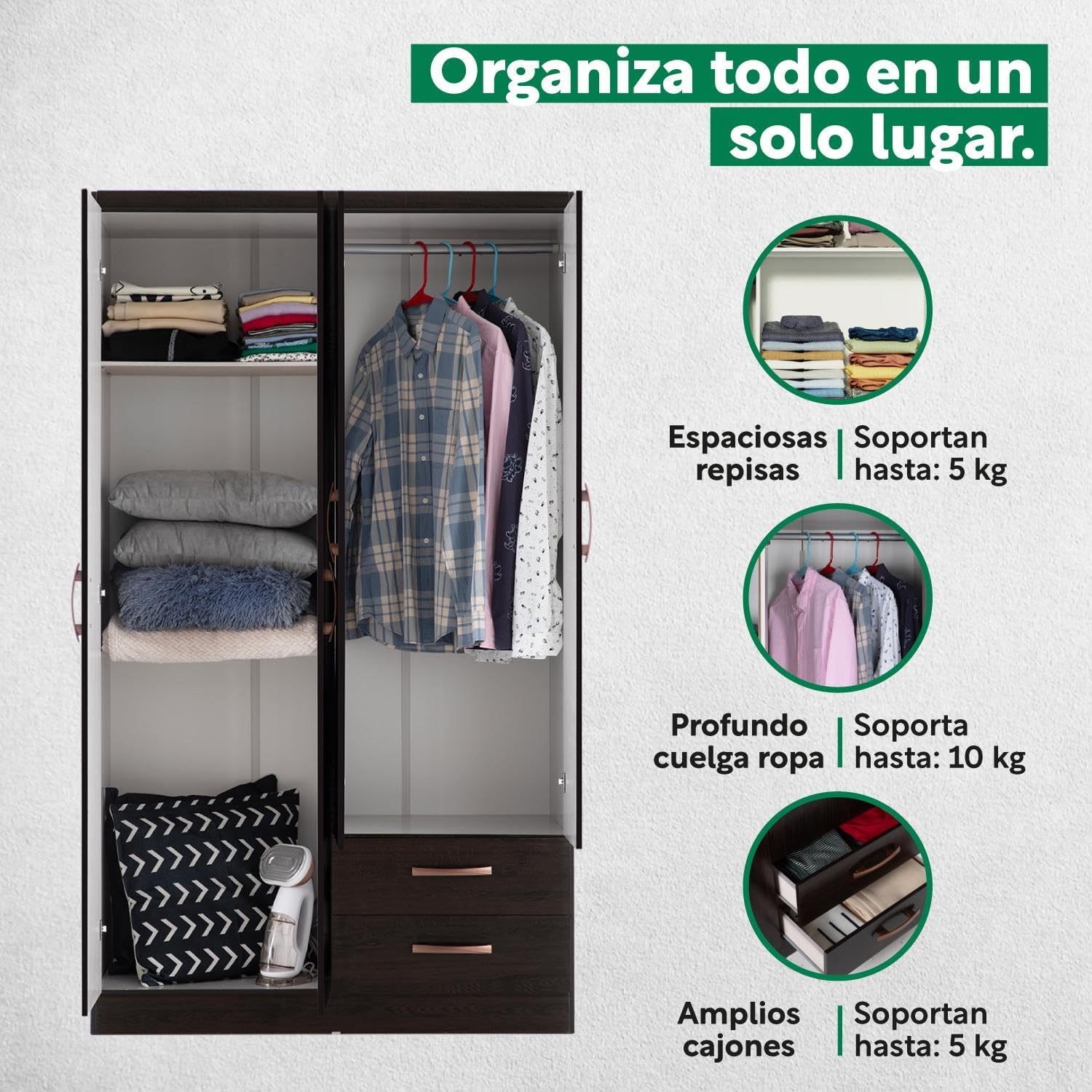 Kingshouse | Ropero De 6 Puertas con 2 Cajones – Color Café – Barra para Colgar – Estructura MDP – Mueble Organizador De Ropa – Armario para Casa, Recámara y Hogar