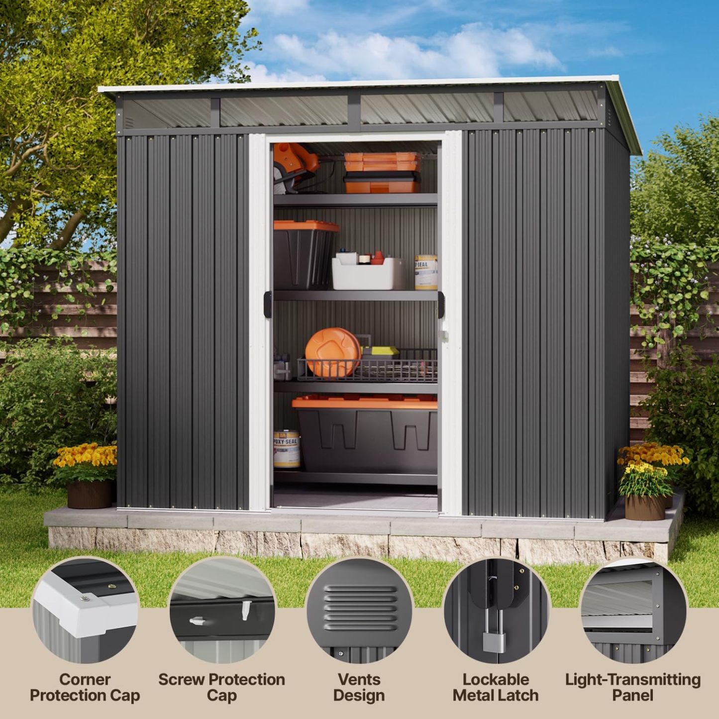 Gizoon - Cobertizo de almacenamiento para exteriores de metal de 6 x 4 pies, cobertizo de jardín con puertas correderas con cerradura, versátil cobertizo para bicicletas con ventanas de panel