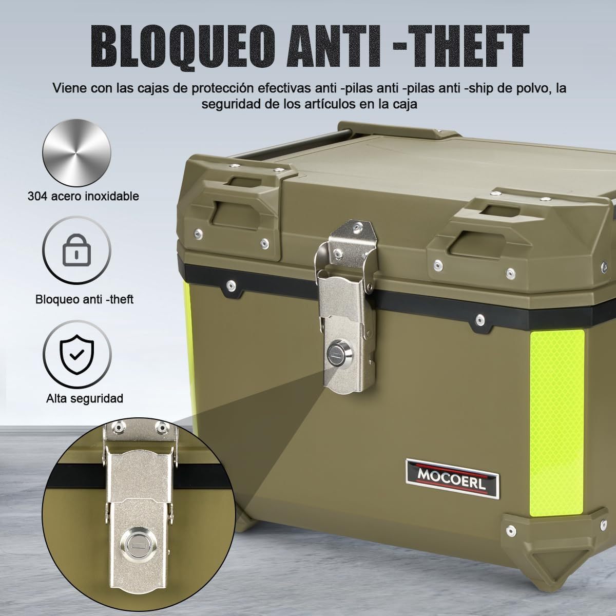 MOCOERL-Impermeable Baul Trasero Caja Moto Abs Respaldo Acojinado 45l Puede contener 1 casco Con cierre de seguridad de acero inoxidable Verde militar (E-570-G)