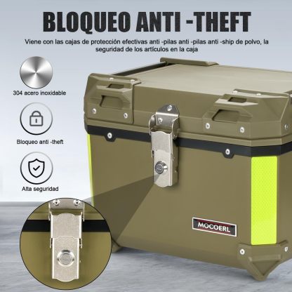 MOCOERL-Impermeable Baul Trasero Caja Moto Abs Respaldo Acojinado 45l Puede contener 1 casco Con cierre de seguridad de acero inoxidable Verde militar (E-570-G)