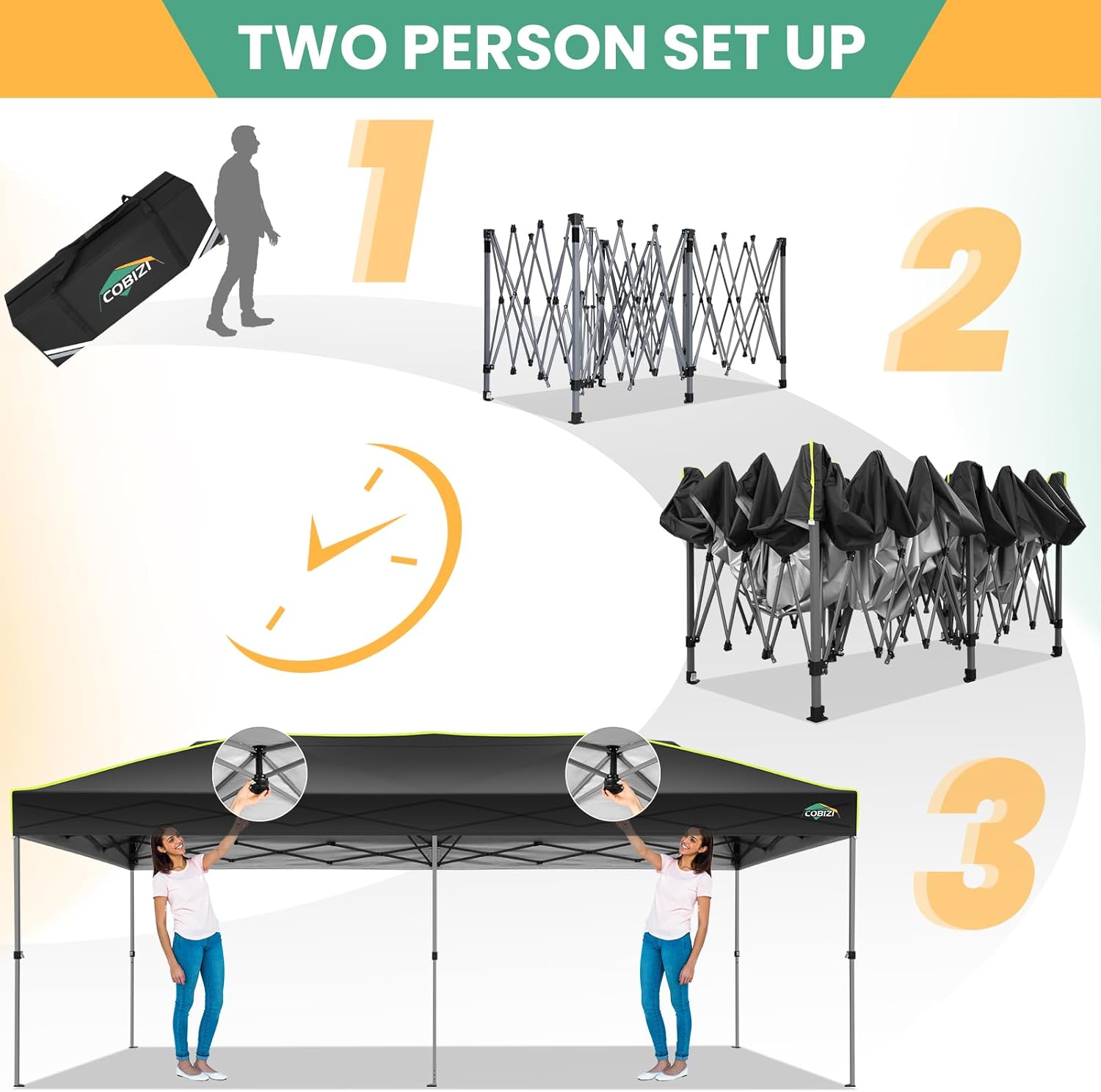 COBIZI - Tienda de campaña desplegable de 10 x 20 Pulgadas, Tienda de campaña instantánea Comercial para Bodas, Fiestas con 3 Altura Ajustable, toldo Ez Up para Exteriores, Impermeable, UPF50+ con