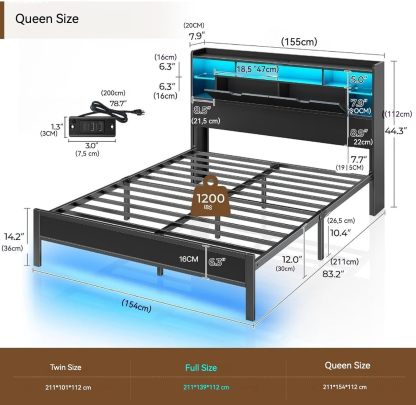 MAMALAND Base de Cama de tamaño matrimonial con estación de Carga, Marco de Cama LED con cabecera de Almacenamiento (Full)