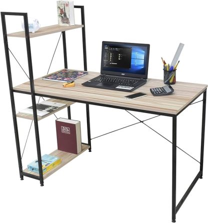 Escritorio para Computadora, Diseño Minimalista Moderno, Ideal para Oficina, Home Office, Estructura Resistente de Metal, con Repisas, Color Café