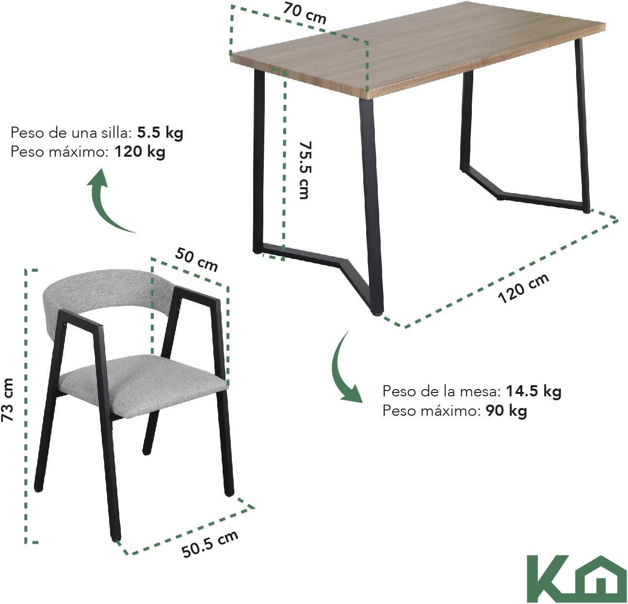 Kingshouse | Comedor 4 Sillas y Mesa – Juego de Comedor - Madera MDF Estructura Metálica - Acolchado - Moderno Minimalista - 4 Personas - Gris - Café