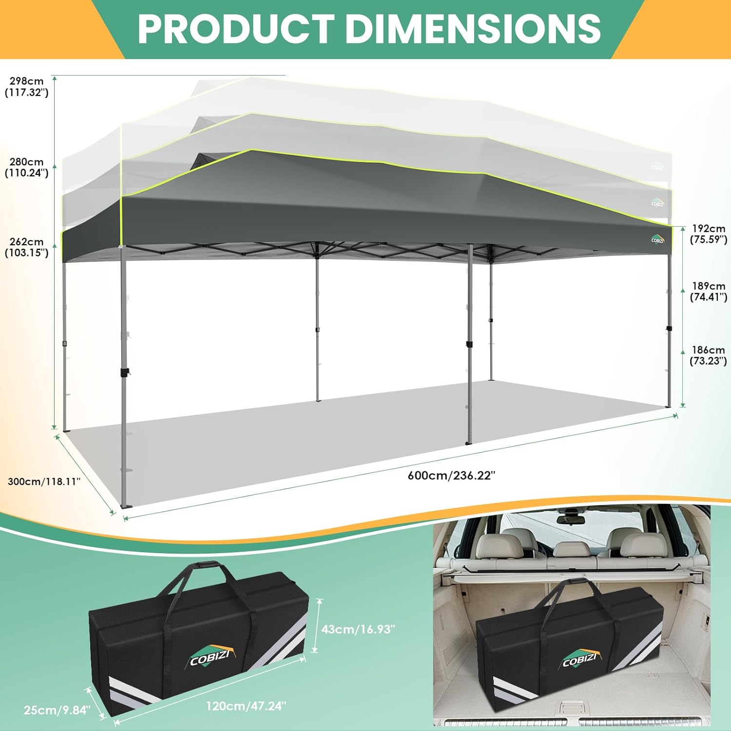 COBIZI - Tienda de campaña desplegable de 10 x 20 Pulgadas, Tienda de campaña instantánea Comercial para Bodas, Fiestas con 3 Altura Ajustable, toldo Ez Up para Exteriores, Impermeable, UPF50+ con