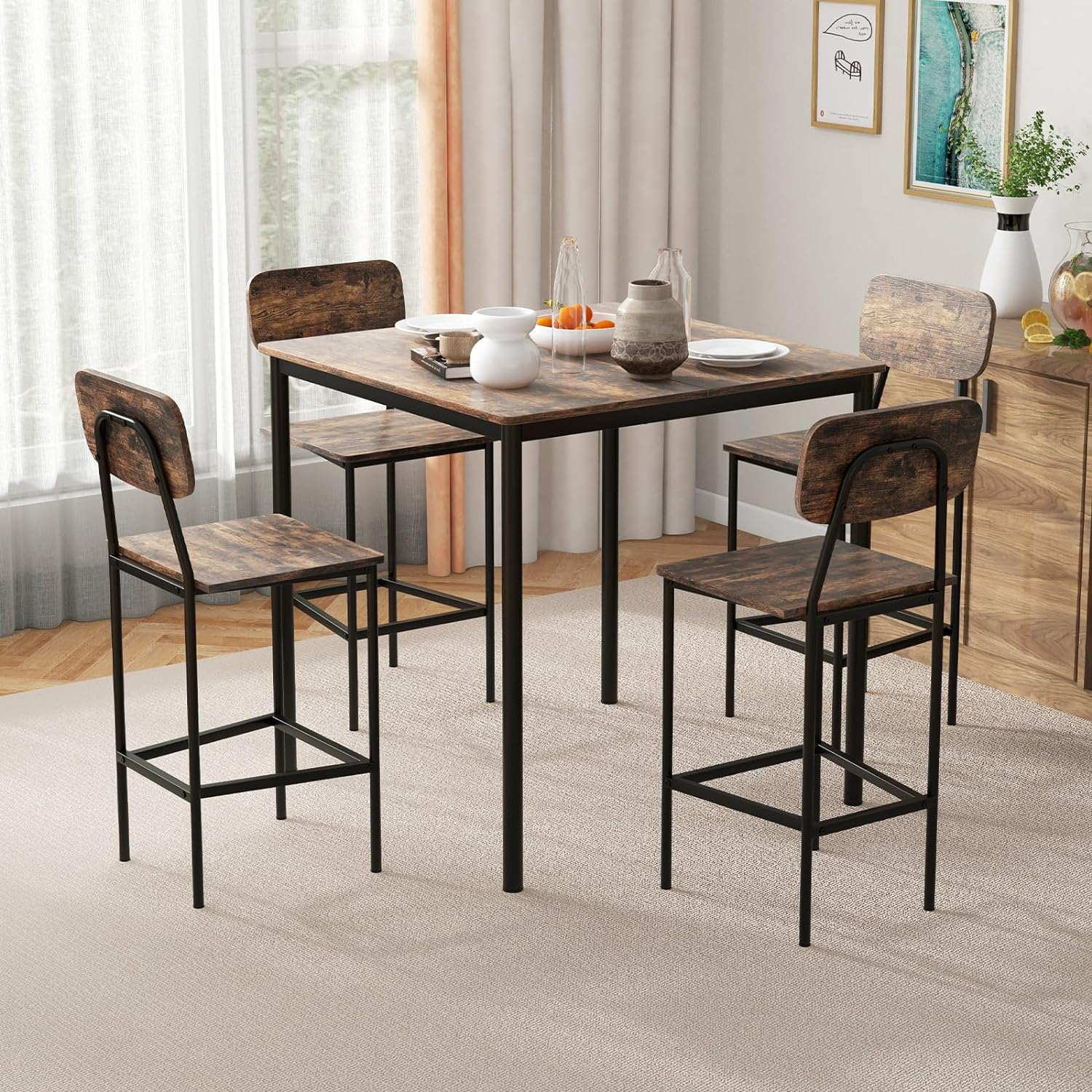 Juego de mesa de comedor de 5 piezas con mesa de altura y 4 taburetes de bar, juego de comedor industrial de cocina con reposapiés y respaldo, juego de comedor que ahorra espacio para pub,