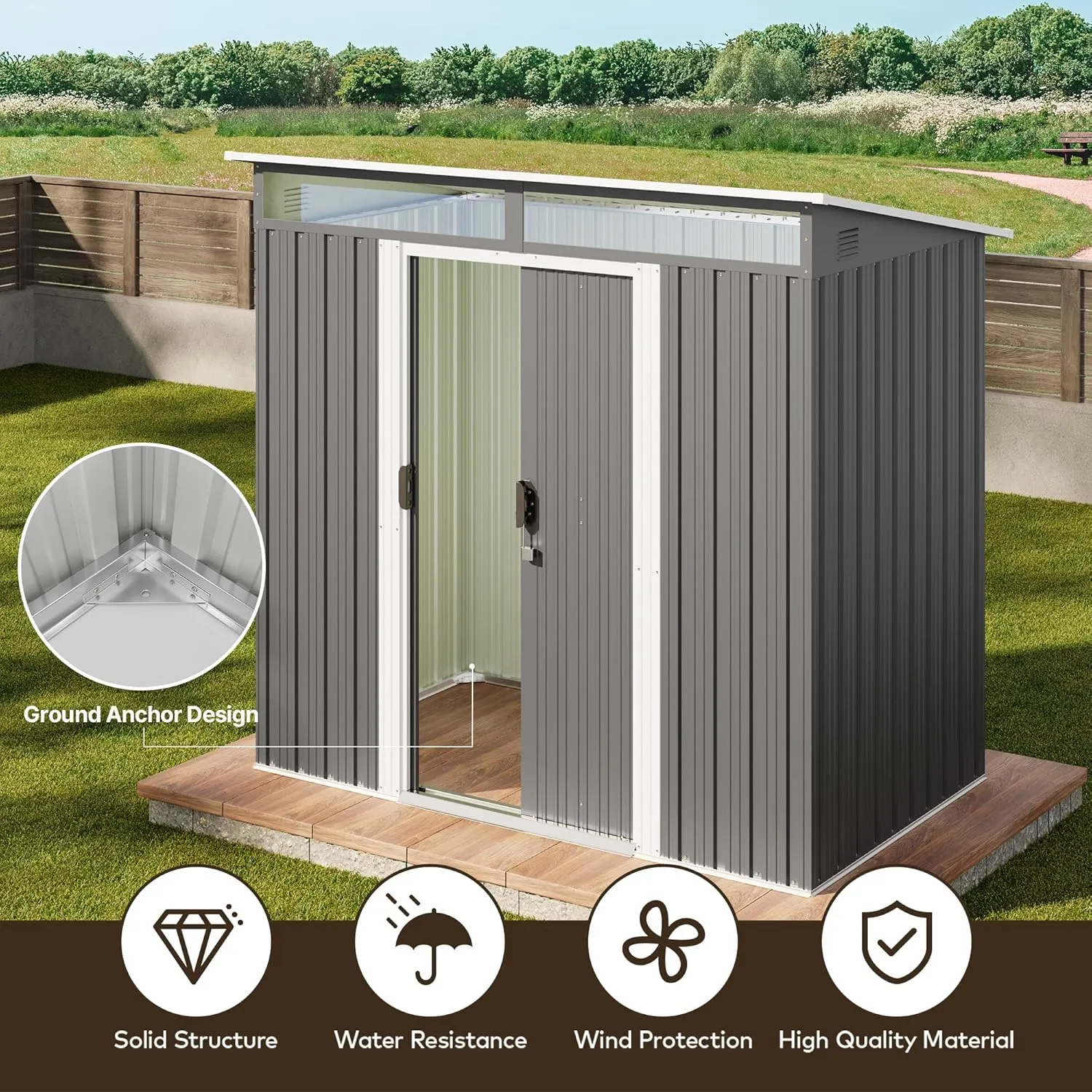 Gizoon - Cobertizo de almacenamiento para exteriores de metal de 6 x 4 pies, cobertizo de jardín con puertas correderas con cerradura, versátil cobertizo para bicicletas con ventanas de panel