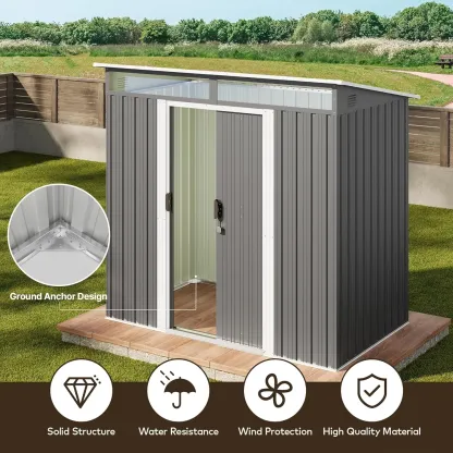 Gizoon - Cobertizo de almacenamiento para exteriores de metal de 6 x 4 pies, cobertizo de jardín con puertas correderas con cerradura, versátil cobertizo para bicicletas con ventanas de panel