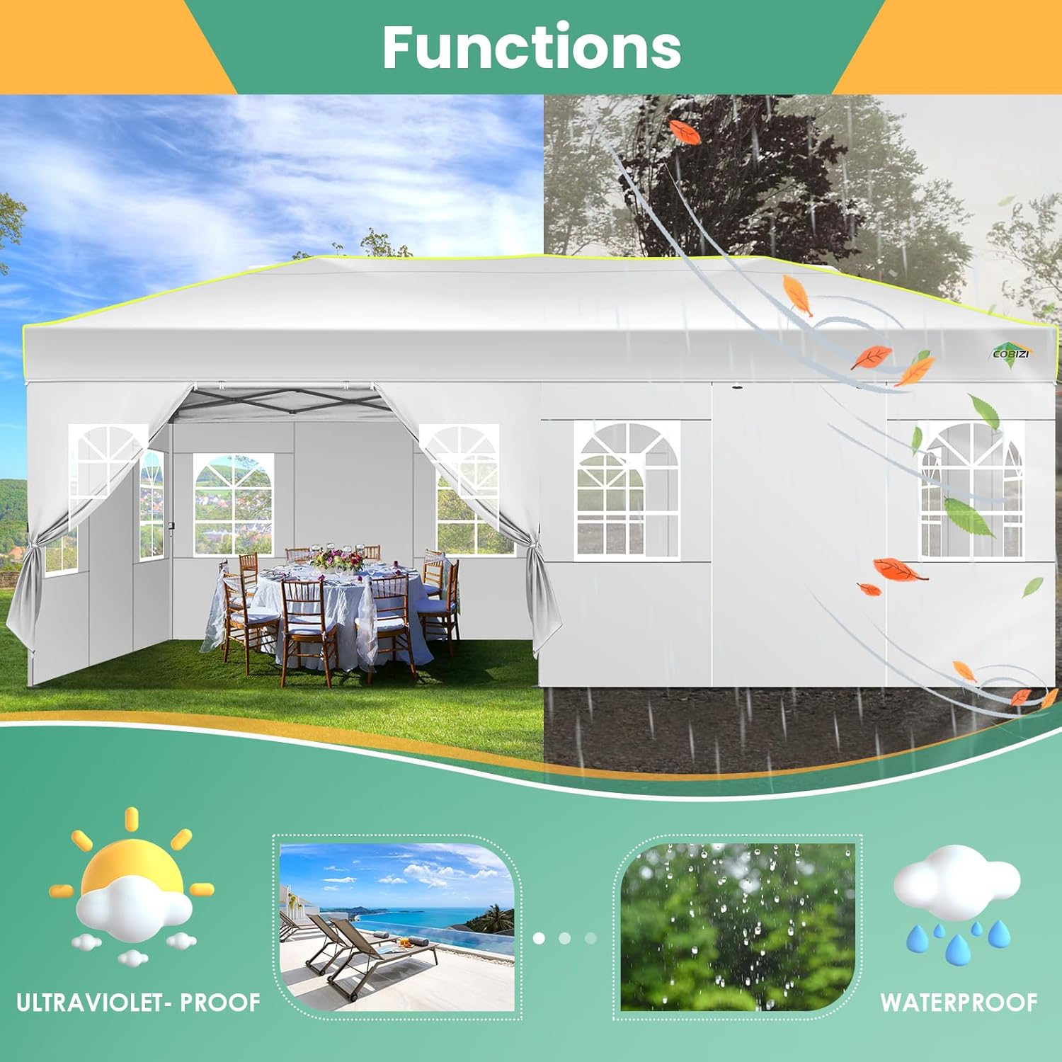 COBIZI - Tienda de campaña desplegable de 10 x 20 Pulgadas, Tienda de campaña instantánea Comercial para Bodas, Fiestas con 3 Altura Ajustable, toldo Ez Up para Exteriores, Impermeable, UPF50+ con