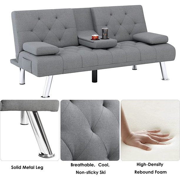 Homfa Sofá cama futón convertible, sofá cama plegable de 66.3 pulgadas con reposabrazos extraíbles y 2 portavasos para sala de estar, acabado gris