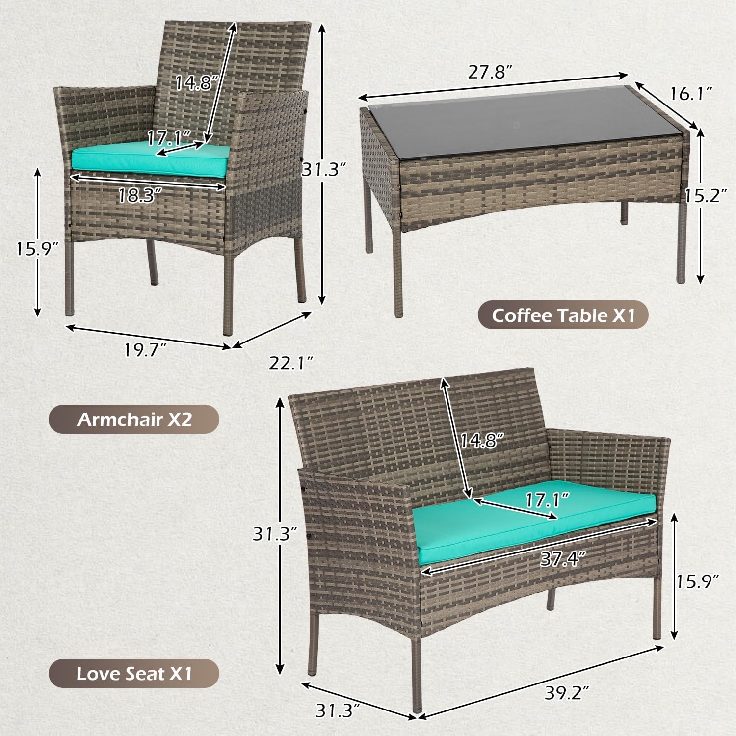 FDW - Juego de 4 muebles para exteriores, juego de conversación de mimbre con silla de ratán, mesa de centro para exteriores, interiores, jardín, patio, porche, terraza, balcón, cojines de mimbre